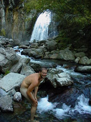 Swimming at Korbu waterfall, Altay